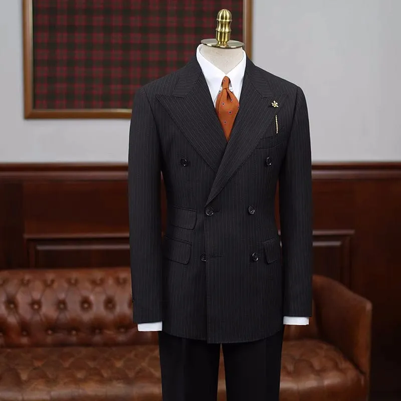 Black Striped Peaked Lapel Double Breasted Business Suits Simple Bestman Suit