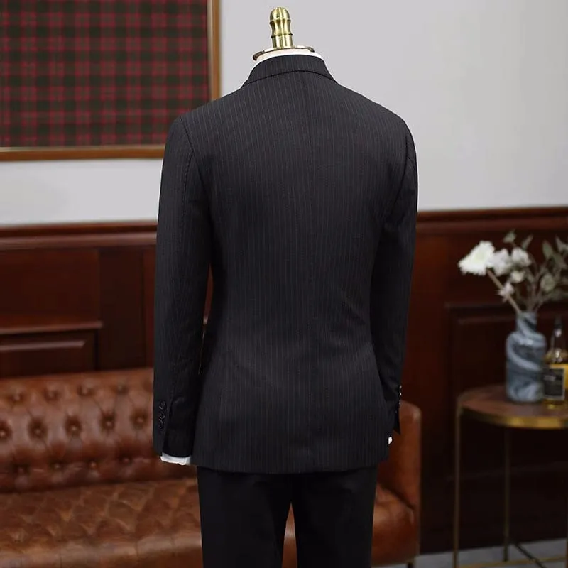 Black Striped Peaked Lapel Double Breasted Business Suits Simple Bestman Suit