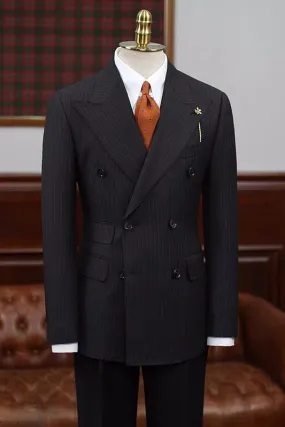 Black Striped Peaked Lapel Double Breasted Business Suits Simple Bestman Suit