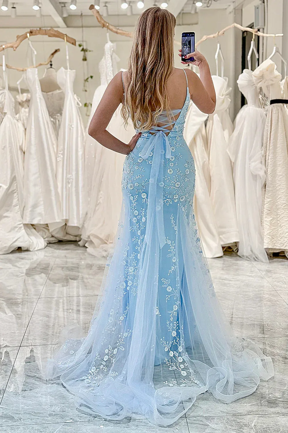 Formal Wear Dresses Blue Spaghetti Straps Tulle Mermaid Long Prom Dress with Appliques Prom Dresses Shops Formal Women's Dresses