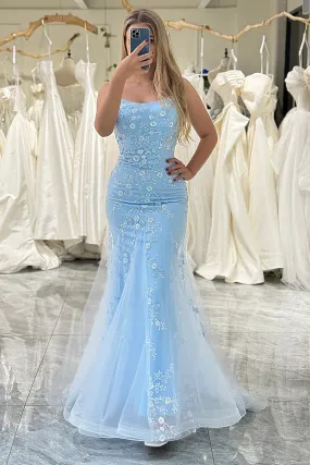 Formal Wear Dresses Blue Spaghetti Straps Tulle Mermaid Long Prom Dress with Appliques Prom Dresses Shops Formal Women's Dresses