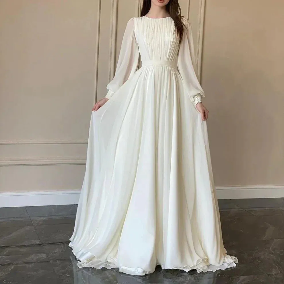 Formal Wear Dresses Elegant White A-Line Long Sleeves Modest Long Dress Stores With Prom Dresses Formal Women's Dresses