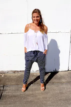 Jersey Droppy Pants In Navy & White Stripe