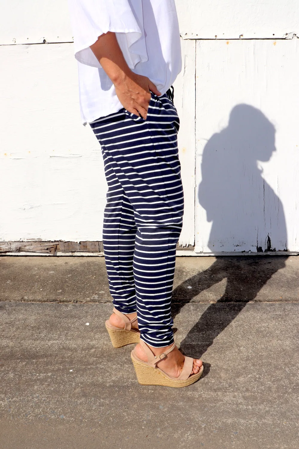 Jersey Droppy Pants In Navy & White Stripe
