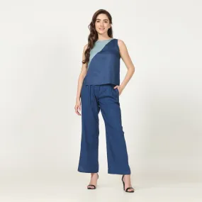 Navy Blue Color-blocked Top With Straight Fit Pant | Modern Casual