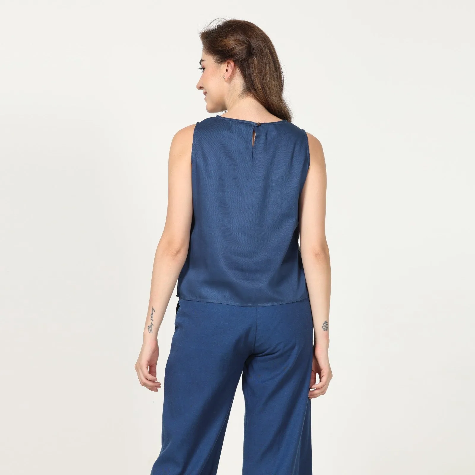 Navy Blue Color-blocked Top With Straight Fit Pant | Modern Casual