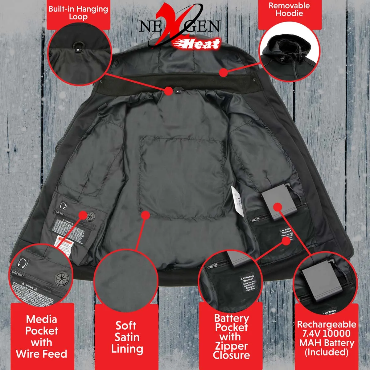 Nexgen Heat NXM1761SET Mens Black Igniter 'Heated' Soft Shell Racing Style Motorcycle Heated Jacket w/ Battery