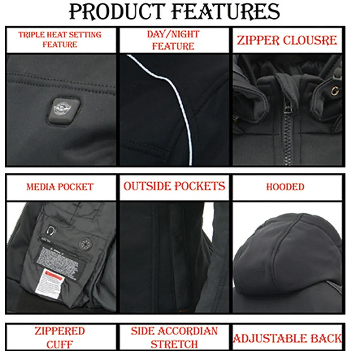 Nexgen Heat NXM1761SET Mens Black Igniter 'Heated' Soft Shell Racing Style Motorcycle Heated Jacket w/ Battery
