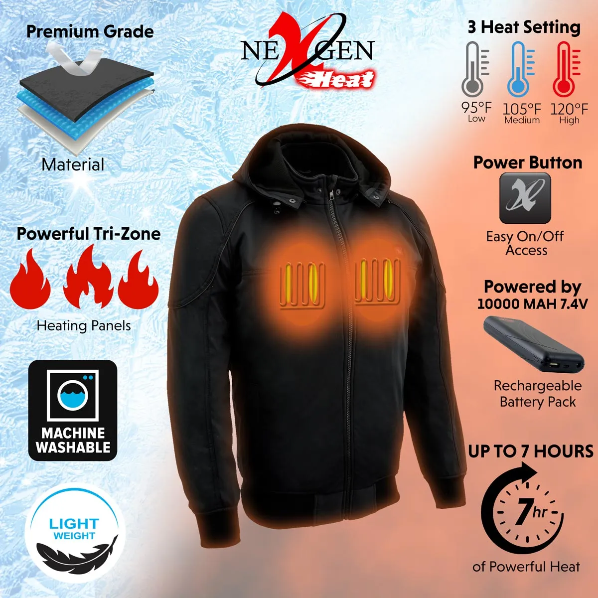 Nexgen Heat NXM1761SET Mens Black Igniter 'Heated' Soft Shell Racing Style Motorcycle Heated Jacket w/ Battery